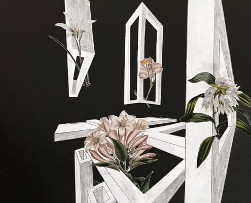 Zweipunktperspektive im Kunstunterricht - Lilien umranken Architekturfragmente