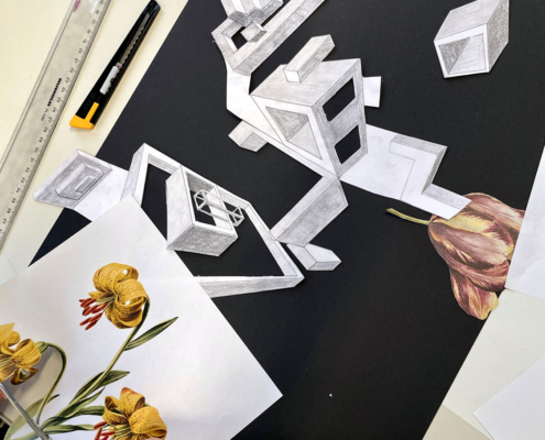 Collage aus Blumen und Zeichnungen in Zweipunktperspektive
