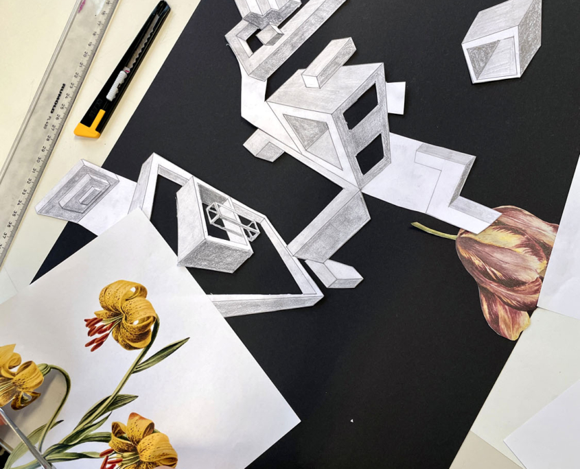 Collage aus Blumen und Zeichnungen in Zweipunktperspektive