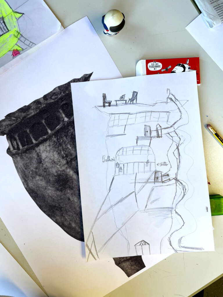 KUI - kunstunterricht-ideen.de - Botanische Fantasietürme - Collagen nach Karl Blossfeld_015 Botanische Fantasietürme nach Karl Blossfeldt - Skizze eines Schülers