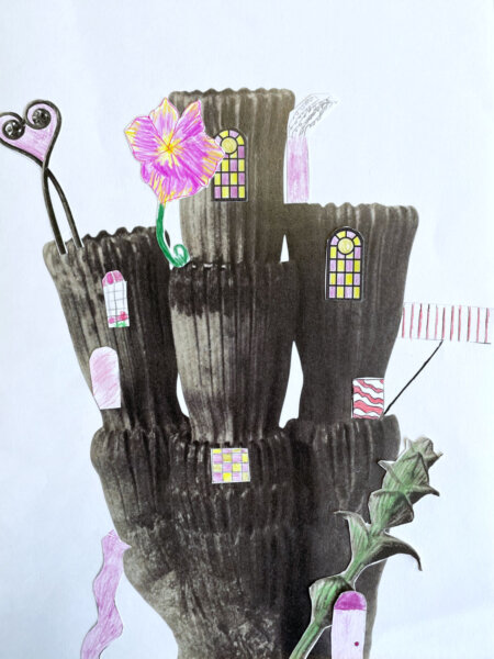 KUI - kunstunterricht-ideen.de - Botanische Fantasietürme - Collagen nach Karl Blossfeld_028 Fotografien von Karl Blossfeldt umgestalten - Schülerergebnis mit bunten Fenstern