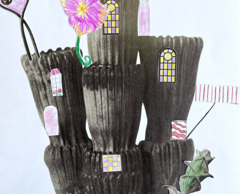 KUI - kunstunterricht-ideen.de - Botanische Fantasietürme - Collagen nach Karl Blossfeld_028 Fotografien von Karl Blossfeldt umgestalten - Schülerergebnis mit bunten Fenstern