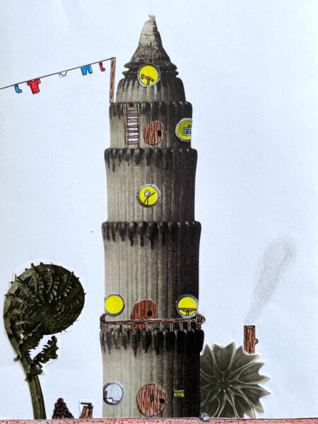 KUI - kunstunterricht-ideen.de - Botanische Fantasietürme - Collagen nach Karl Blossfeld_029 Fotografien von Karl Blossfeldt umgestalten - Schülerergebnis mit Wäscheleine