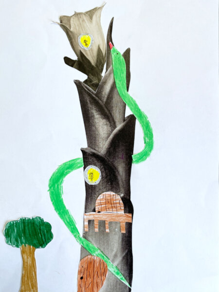 KUI - kunstunterricht-ideen.de - Botanische Fantasietürme - Collagen nach Karl Blossfeld_031 Fotografien von Karl Blossfeldt umgestalten - Eine Schlange erklimmt den Turm