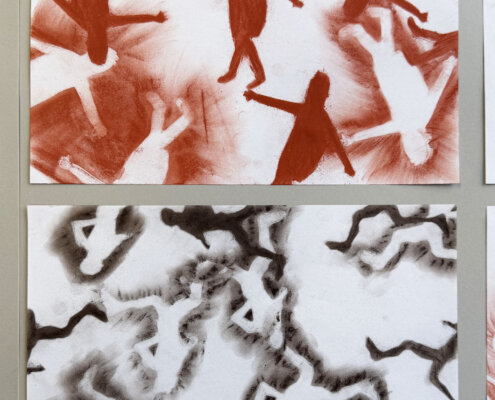 Zwischenergebnisse der Schablonen im Kunstunterricht - Höhlenmalerei